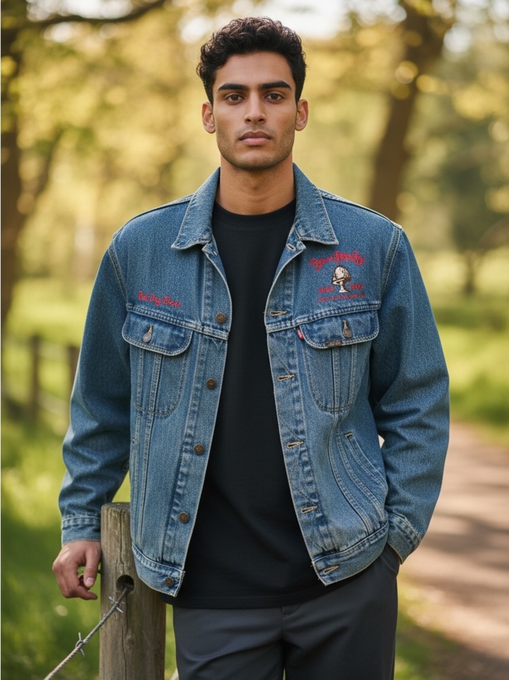 Denim Trucker Jacket in Medium Blue - Embroidered Allman Brothers